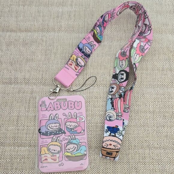 LABUBU Cartoon Lanyard and Card Holder - Pink - Picture 1 of 5